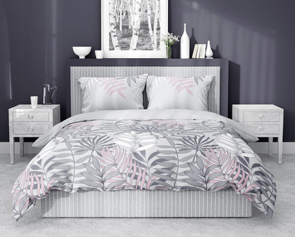 POŚCIEL HOME SATIN- satyna bawełniana w szaroróżowe liście 3550C