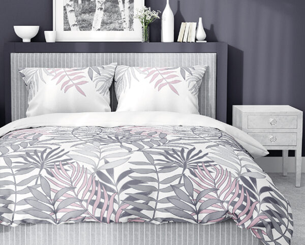 POŚCIEL HOME SATIN- satyna bawełniana biała w szaroróżowe liście 3550d